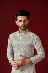 Men's Pastel Grey Printed Cotton Kurta Pajama Set