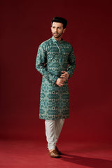 Men's Timber Green Printed Cotton Kurta Pajama Set