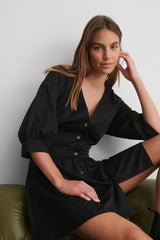 Black Balloon Sleeve Belted Mini Dress