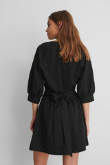 Black Balloon Sleeve Belted Mini Dress