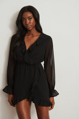 Black Plain Frill Sheer Dress