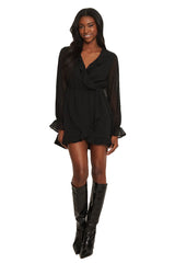 Black Plain Frill Sheer Dress