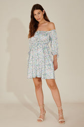 Sky Blue pamela off shoulder recycled mini dress