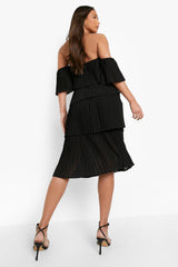 Female Black Tall Pleated Off Shoulder Occasion Dress