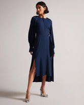 Crepe Long Sleeve Draped Sleeve Boat Neck Plain Tall Casual Dress