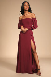 Georgette Long Sleeve Puff Off-shoulder Plain Tall Dress