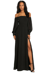 Georgette Long Sleeve Puff Off-shoulder Plain Tall Dress