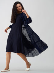 Navy Blue Crepe Chiffon Swiss Dot Boat Neck Tunic Top with Jacket