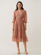 Rust Orange Chiffon Brasso Swiss Dot V-Neck Dress