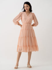 Peach Chiffon Brasso Swiss Dot V-Neck Dress