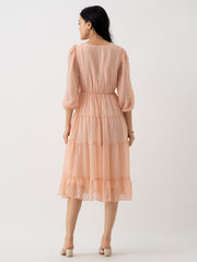 Peach Chiffon Brasso Swiss Dot V-Neck Dress
