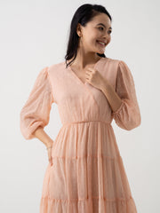 Peach Chiffon Brasso Swiss Dot V-Neck Dress