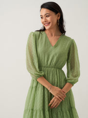 Green Mist Chiffon Brasso Swiss Dot V-Neck Dress