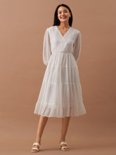 White Chiffon Brasso Swiss Dot V-Neck Dress
