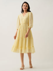 Light Yellow Chiffon Brasso Swiss Dot V-Neck Dress