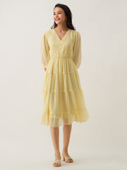 Light Yellow Chiffon Brasso Swiss Dot V-Neck Dress