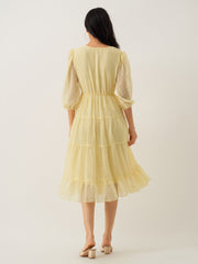 Light Yellow Chiffon Brasso Swiss Dot V-Neck Dress