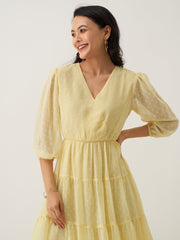 Light Yellow Chiffon Brasso Swiss Dot V-Neck Dress
