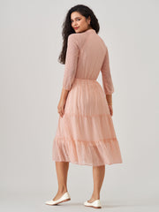 Peach Chiffon Brasso Swiss Dot V-Neck Dress