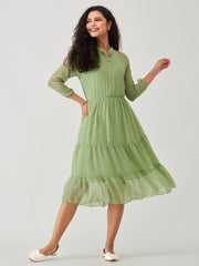 Green Mist Chiffon Brasso Swiss Dot V-Neck Dress