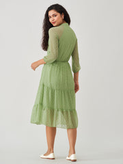 Green Mist Chiffon Brasso Swiss Dot V-Neck Dress