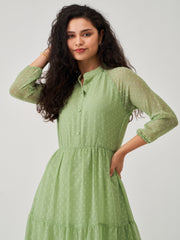 Green Mist Chiffon Brasso Swiss Dot V-Neck Dress