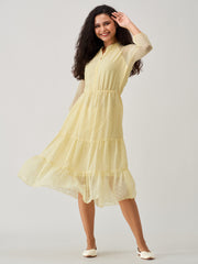 Light Yellow Chiffon Brasso Swiss Dot V-Neck Dress