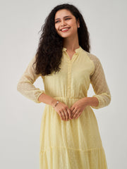 Light Yellow Chiffon Brasso Swiss Dot V-Neck Dress