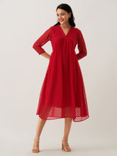 Red Wine Chiffon Brasso Swiss Dot V-Neck Dress