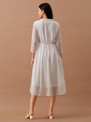 White Chiffon Brasso Swiss Dot V-Neck Dress
