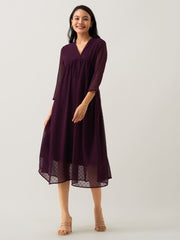 Wine Chiffon Brasso Swiss Dot V-Neck Dress