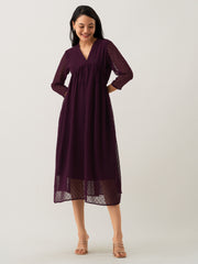 Wine Chiffon Brasso Swiss Dot V-Neck Dress