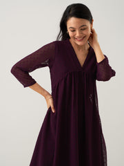 Wine Chiffon Brasso Swiss Dot V-Neck Dress