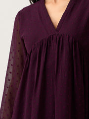 Wine Chiffon Brasso Swiss Dot V-Neck Dress