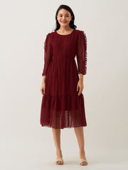 Wine Chiffon Brasso Swiss Dot Round Neck Dress