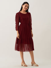Wine Chiffon Brasso Swiss Dot Round Neck Dress