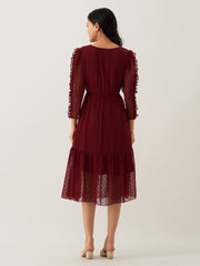 Wine Chiffon Brasso Swiss Dot Round Neck Dress