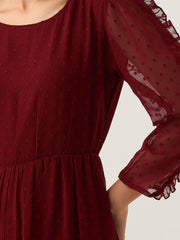 Wine Chiffon Brasso Swiss Dot Round Neck Dress