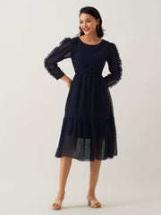 Navy Blue Chiffon Brasso Swiss Dot Round Neck Dress