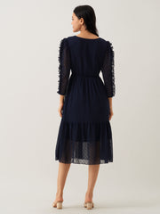Navy Blue Chiffon Brasso Swiss Dot Round Neck Dress