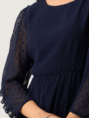 Navy Blue Chiffon Brasso Swiss Dot Round Neck Dress