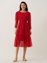 Red Wine Chiffon Brasso Swiss Dot Round Neck Dress