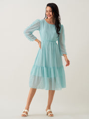 Light Blue Chiffon Brasso Swiss Dot Round Neck Dress