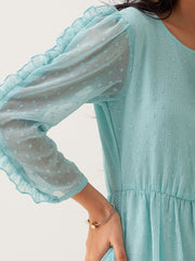 Light Blue Chiffon Brasso Swiss Dot Round Neck Dress