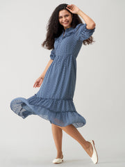 Slate Blue Chiffon Brasso Swiss Dot High Neck Dress