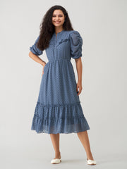 Slate Blue Chiffon Brasso Swiss Dot High Neck Dress