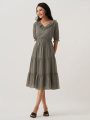 Slate Grey Chiffon Brasso Swiss Dot V-Neck Dress