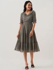 Slate Grey Chiffon Brasso Swiss Dot V-Neck Dress
