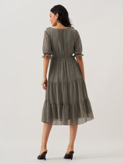 Slate Grey Chiffon Brasso Swiss Dot V-Neck Dress
