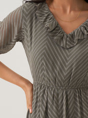Slate Grey Chiffon Brasso Swiss Dot V-Neck Dress